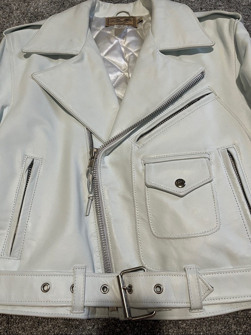 Calvin Klein Leather Moto Jacket Women’s Size Large White Motorcycle - Picture 5 of 10